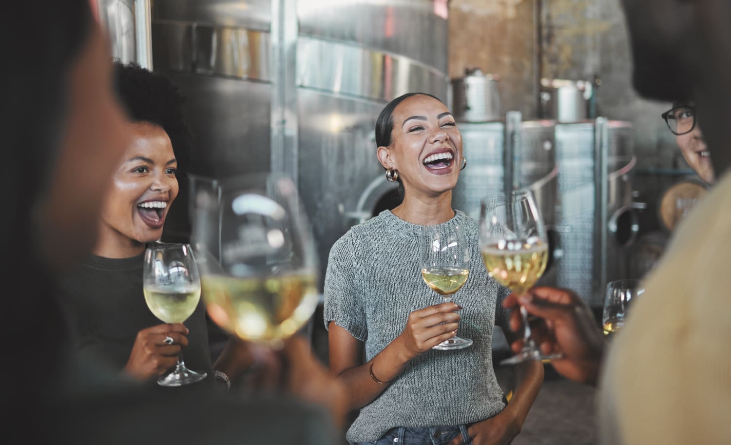 Freunde bei einer Weinprobe trinken Wein im Weinkeller.