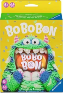 Cover Gesellschaftsspiel Bo Bo Bon mit grünem Monster vor gelben Hintergrund